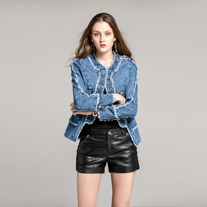 2018 Весенняя женская Роскошная джинсовая куртка Королевского стиля Famale Slim Fit с