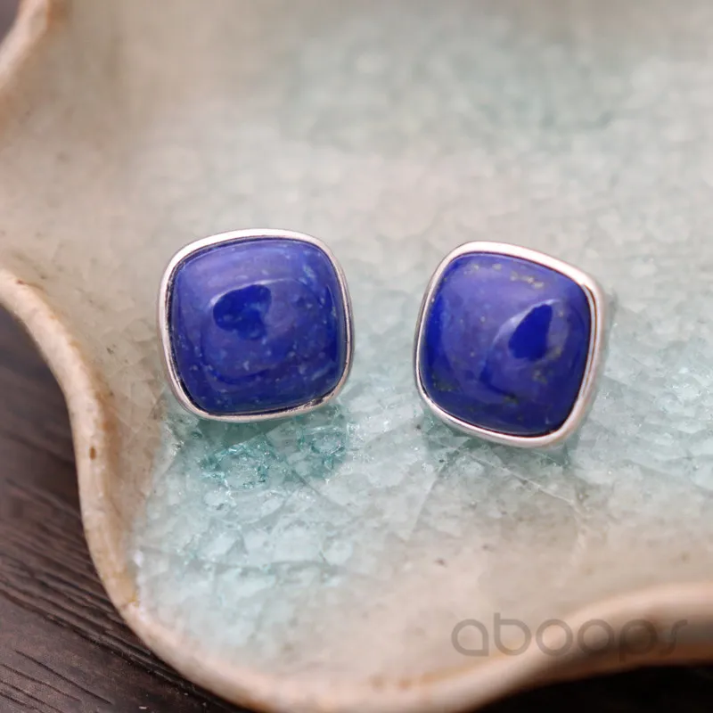 

925 Sterling Silver Square Lapis Lazuli Stud Earrings for Women Girls,12mm,Free Shipping