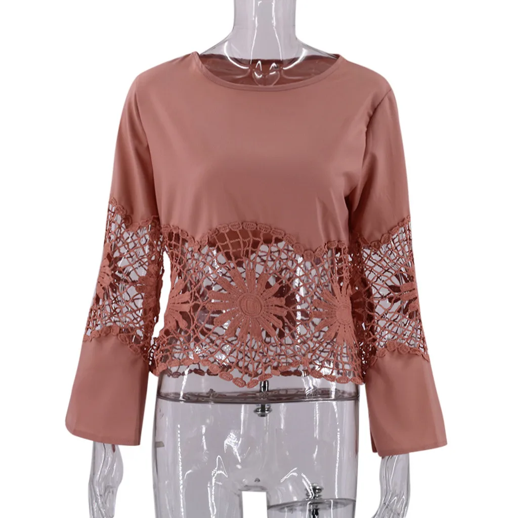 Модная женская блузка Camisas Mujer, одноцветная, с круглым вырезом, с кружевной вставкой, с полым подолом, Chemisier Femme, топы, блузки для женщин