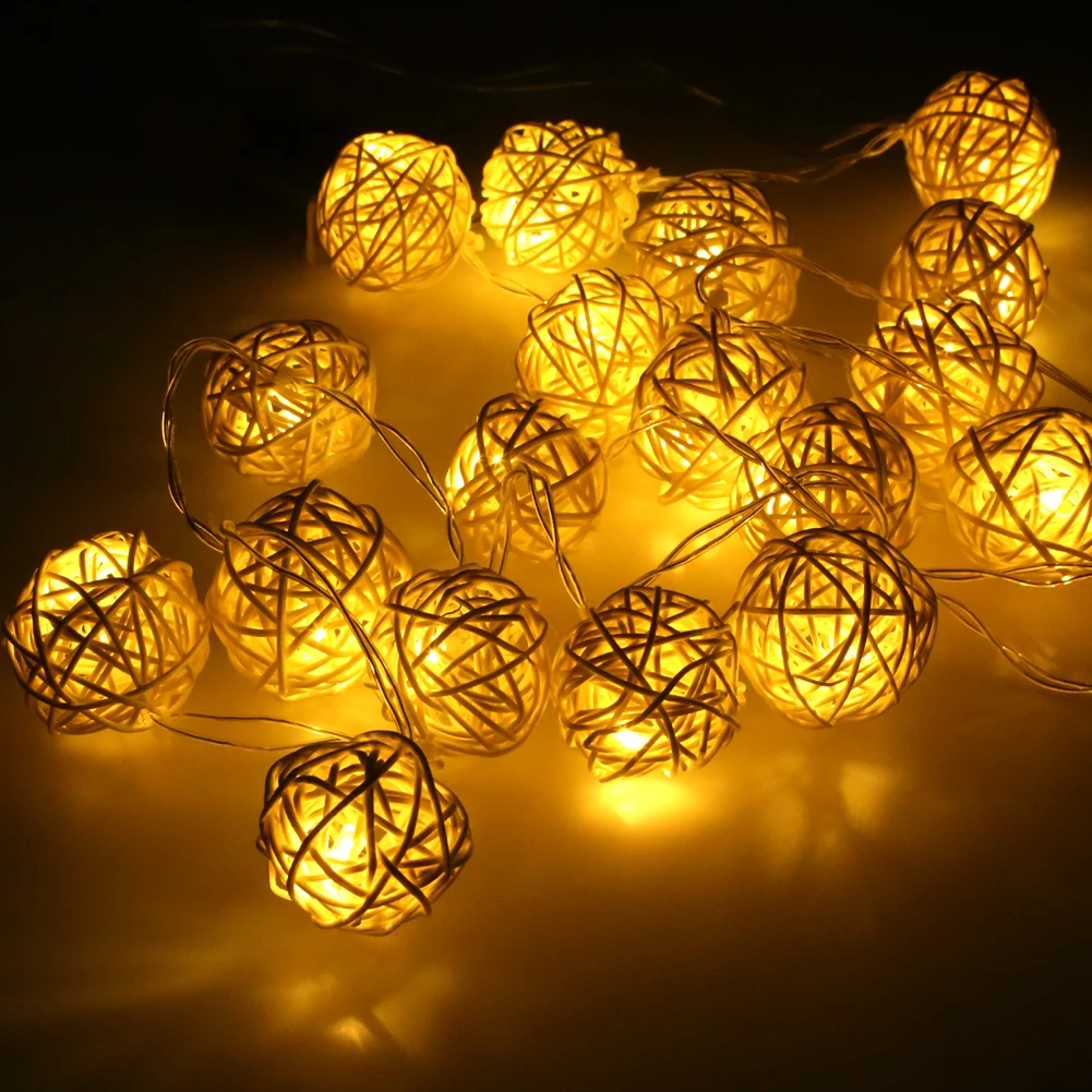 10LED 1 м 20LED 2 м ротанговый шар сказочная гирлянда декоративные огни теплый белый Рождественский свет для украшения свадебной вечеринки