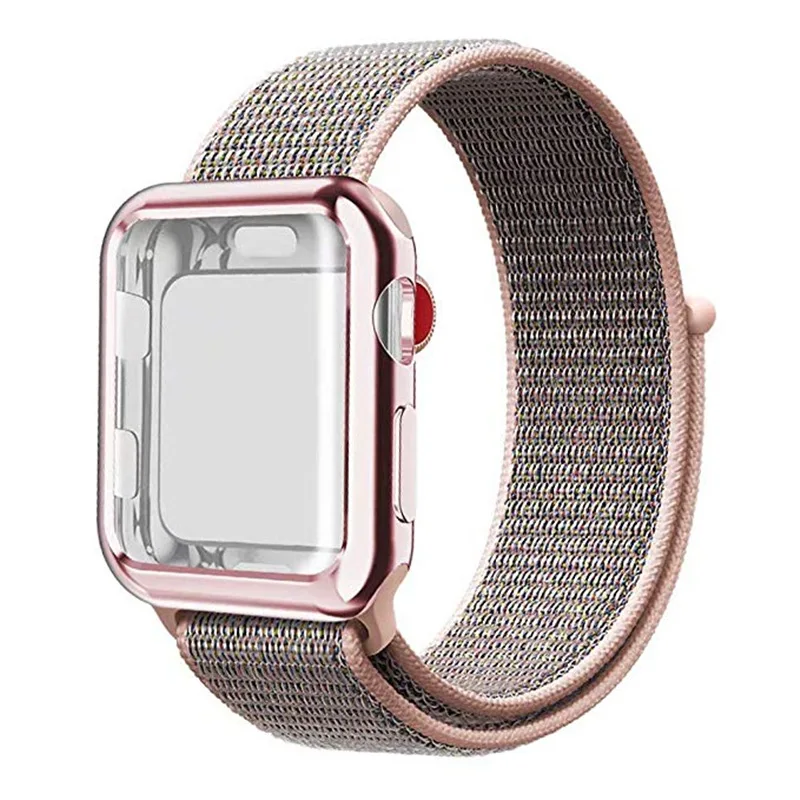Pinksand Pink Gold ASHEI из мягкого нейлона и шифона со вставками в полоску, ремешок+ чехол для Apple Watch 4 полоса 40 мм 44 мм с покрытием из ТПУ Защитный чехол ремешок для наручных часов Apple Watch 42 мм, 38 мм - Цвет ремешка: Pinksand Pink Gold