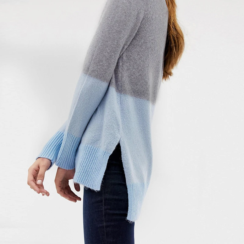 HDY Haoduoyi Autumn Simple Stylish Three-color Stitching Asymmetrical Hem Split Sports Leisure Long Sleeve Boyfriend Sweater | Женская