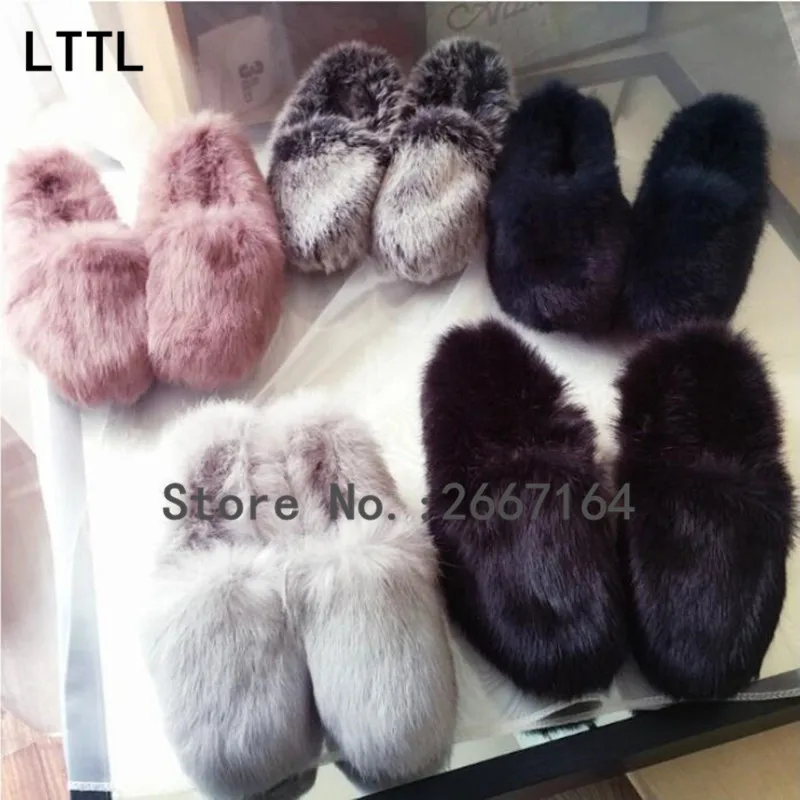 Настоящее Мех Кролика Зимние Сапоги Скольжения На Моды Снегоступы толстые
