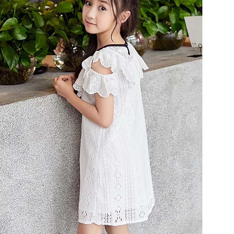Summer Girls Lace Dress Hollow Flower Princess Teenage Elegant Short Sleeve White For Girl RT388 | Детская одежда и обувь
