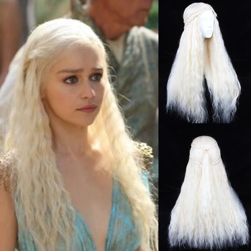 wig Фильм Игра престолов Сезон 8 Дейенерис Таргариен Косплей костюмы белое платье синтетические парики волос полный комплект униформы для женщин девочек - Цвет: wig