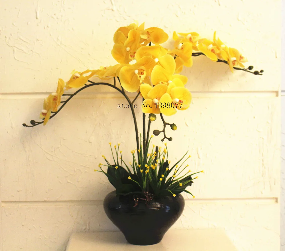 Орхидея золотого и желтого цветов с листьями композиция без вазы 1 комплект|touch