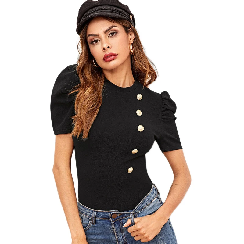 SHEIN Однотонный Топ С Коротким Рукавом И Пуговицами Стильная Блузка С Коротким Рукавом