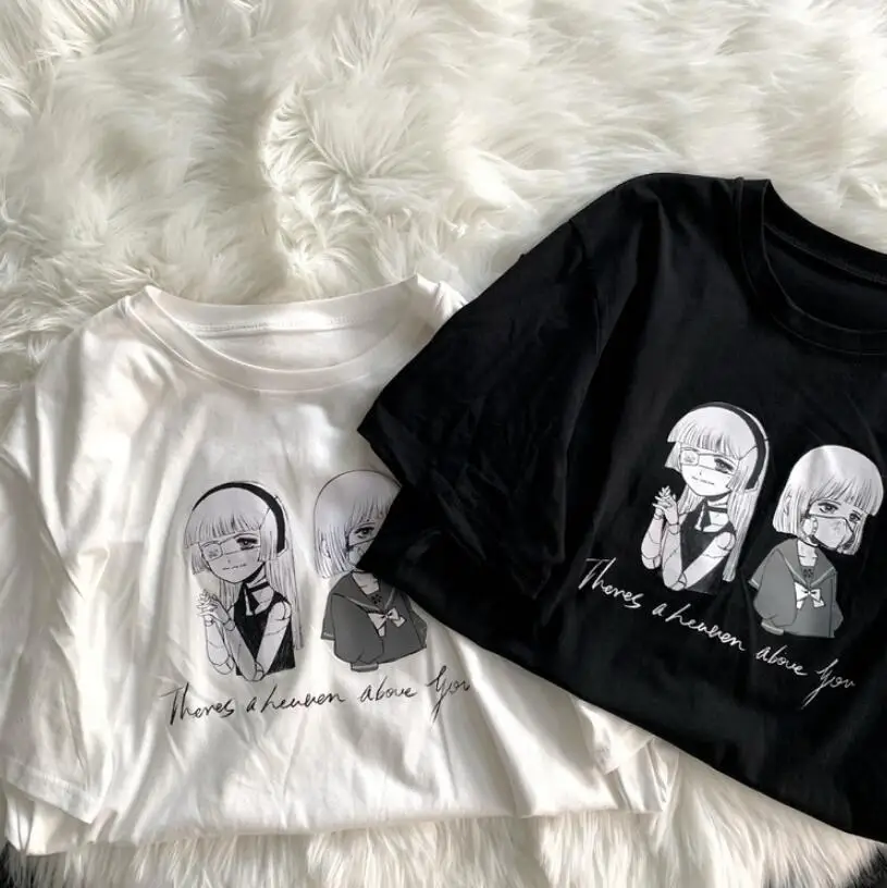 Футболка женская черная/белая свободная с коротким рукавом и круглым вырезом