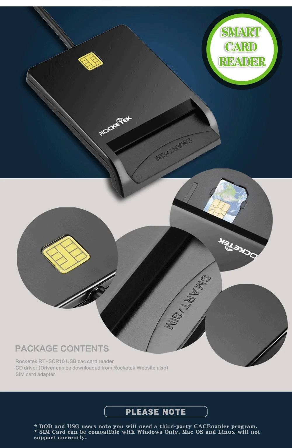 Rocketek USB 2,0 считыватель смарт-карт CAC ID, банковская карта, разъем для sim-карты cloner cardreader адаптер Аксессуары для ПК компьютера ноутбука