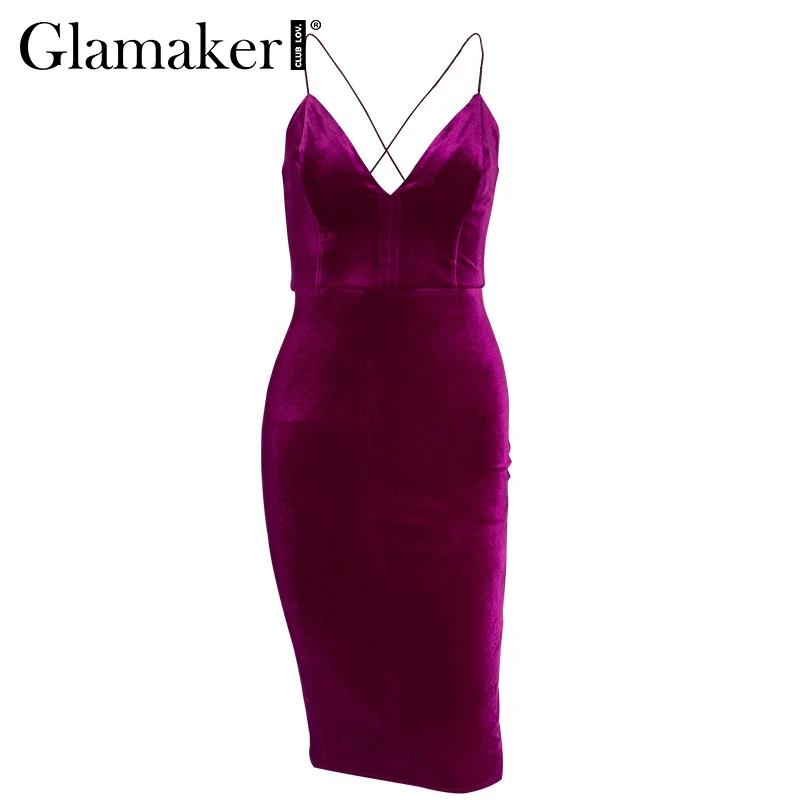 Фиолетовый Glamaker бархатное сексуальное облегающее платье с открытой спиной для женщин, летнее винтажное платье миди с v-образным вырезом, элегантные женские длинные вечерние платья для клуба vestidos - Цвет: Фиолетовый