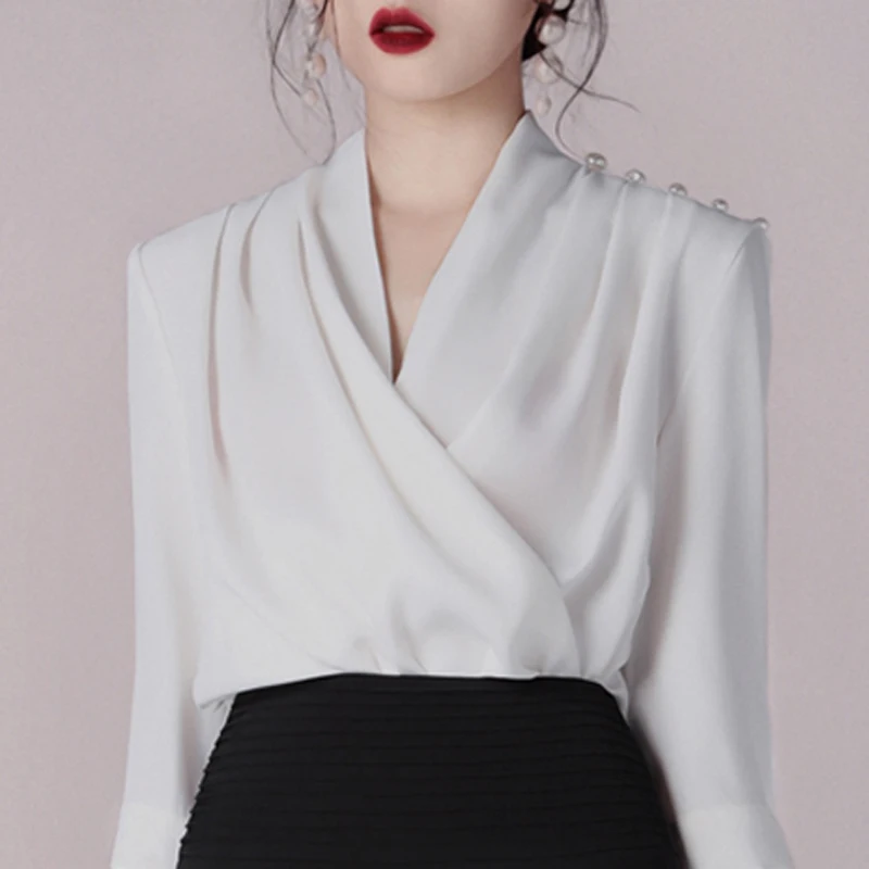 INDRESSME, новинка, Женский комплект из двух предметов, модный, глубокий v-образный вырез, длинный рукав, жемчужный Топ, сексуальный, для офиса, с мини-юбкой, повседневные комплекты