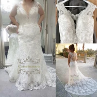 women lace wedding dresses mermaid trumpet v neckline bride gowns chapel train fit and flare skirt for girls outdoor party
