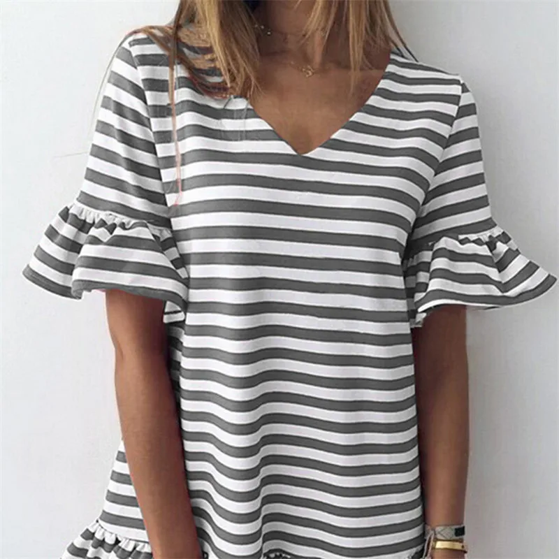 

Hot Sale Women Ruffles V neck Summer Dresses Striped Lotus Leaf Short Mini Dress Beach Casual Short Sleeve Dress Female Vestidos