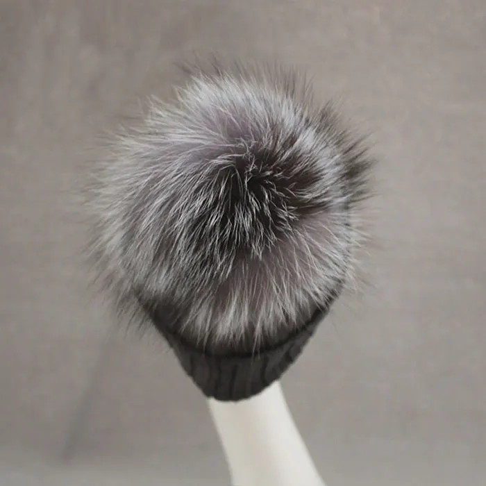 Brand New Warm Winter Collection 100% Merino Wool Gorros Beanie Detachable Genuine Silver Fox Fur Pom Poms Knitted Hats for Men