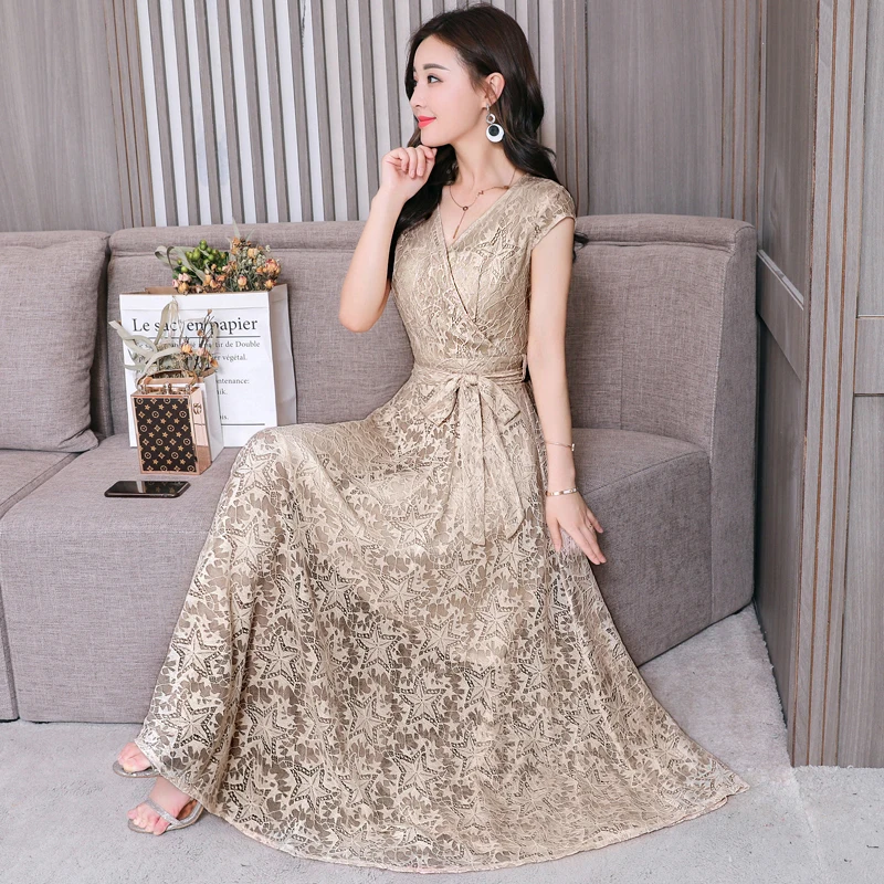 Dinagozlz женское платье для лета плюс размер vestidos с бантом элегантное кружевное платье Новая мода открытое длинное платье