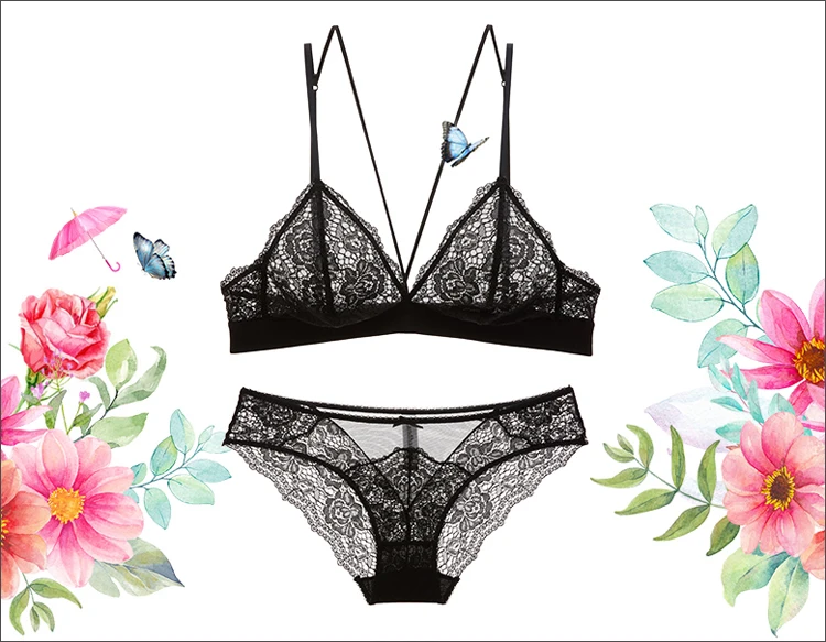 CINOON Women Sexy transparent Lingerie Set lace Hollow Out Floral ultra-thin Push up Bra and Panty breathabler Underwear set