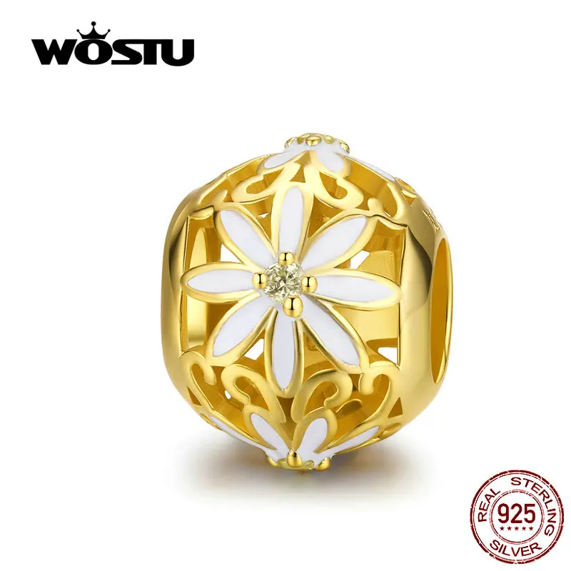 WOSTU бусины в виде ромашки, 925 пробы, серебро, CZ, золотой цвет, шарм, подходит для оригинального браслета, подвески, бусины для изготовления ювелирных изделий, FIC1216