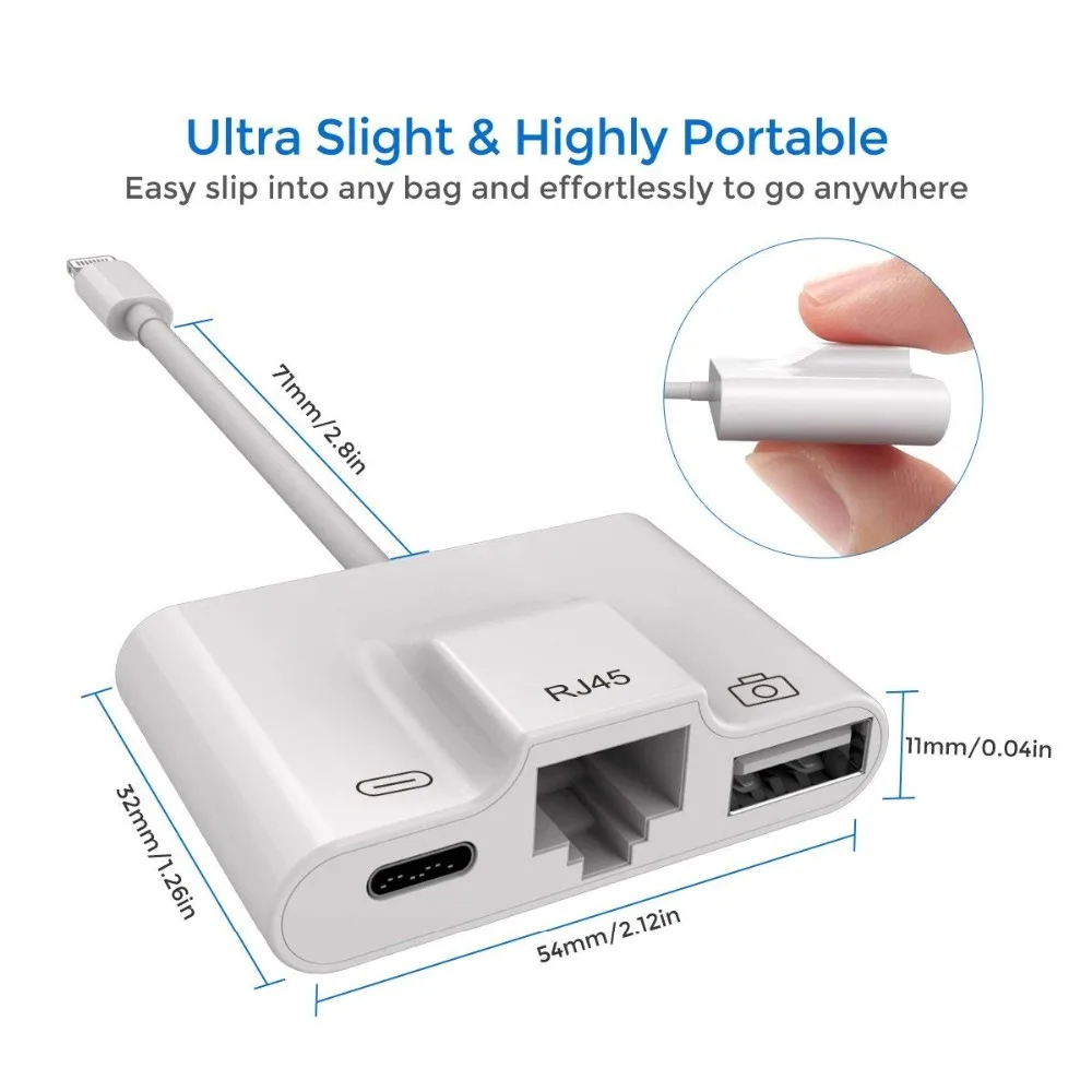 Адаптер для Lightning RJ45 Ethernet LAN Проводная сеть iPhone/iPad все серии с зарядкой и OTG USB 3 0