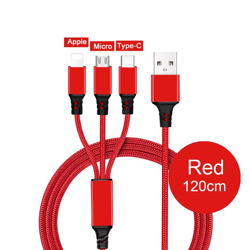 3in1 1.2M Red 3 в 1 зарядный кабель для iPhone Xs Max XR X 10 8 7 6 s 6s Plus Micro usb type C для samsung S9 S8 huawei Xiaomi кабели для зарядки - Цвет: 3in1 1.2M Red