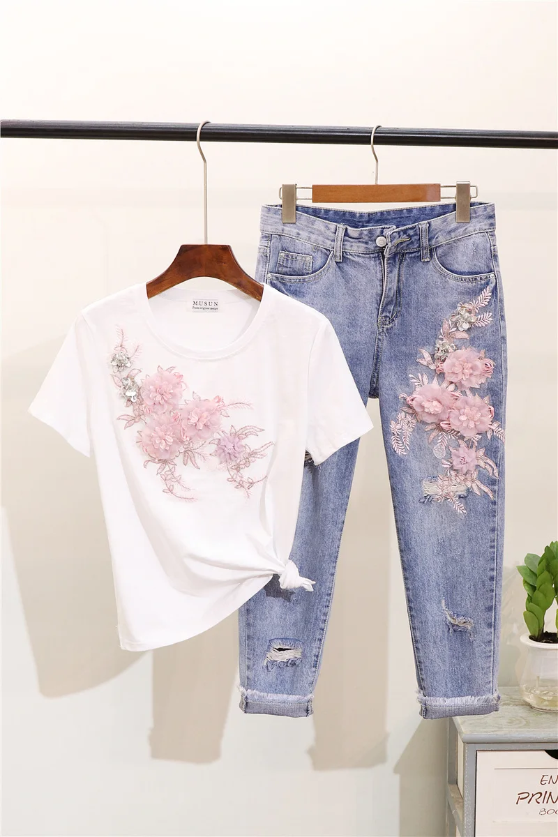 Женский комплект одежды ALPHALMODA модные 3D футболки с цветочным узором рваные джинсы