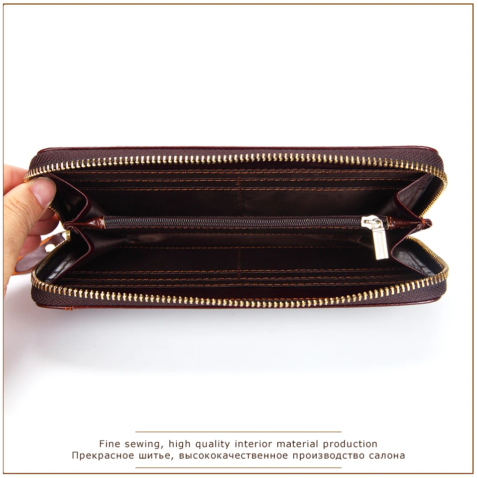 Brand Genuine Cowhide Leather Portomonee Vintage Zipper Male Wallet Wristlets Men Long Phone Clutch with Coin Purse Pocket