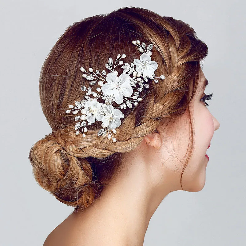 SLBRIDAL серебряный цвет цветок лист кристаллы жемчуг свадебные заколки для волос
