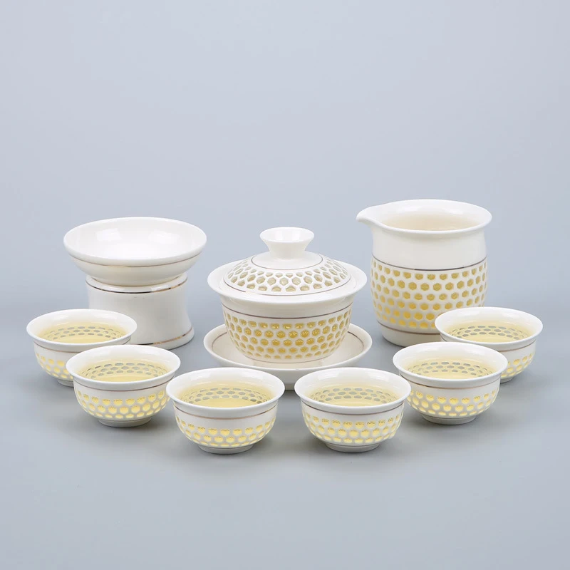 Изысканный чайный набор голубого и белого цвета 1 Gaiwan 6 чашек чайник с сотовой