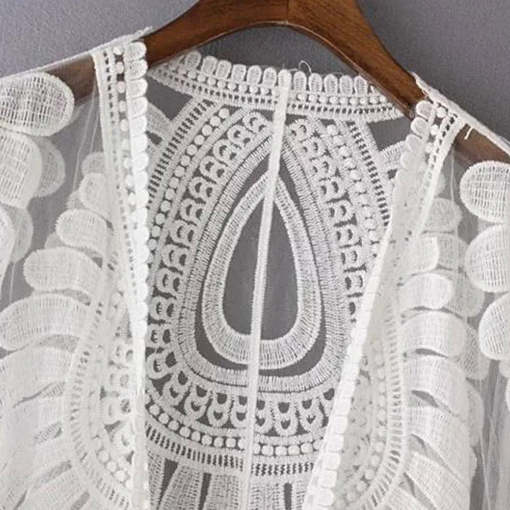 Женский пляжный кардиган Boho белый кружевной свободный с рукавом летучая мышь