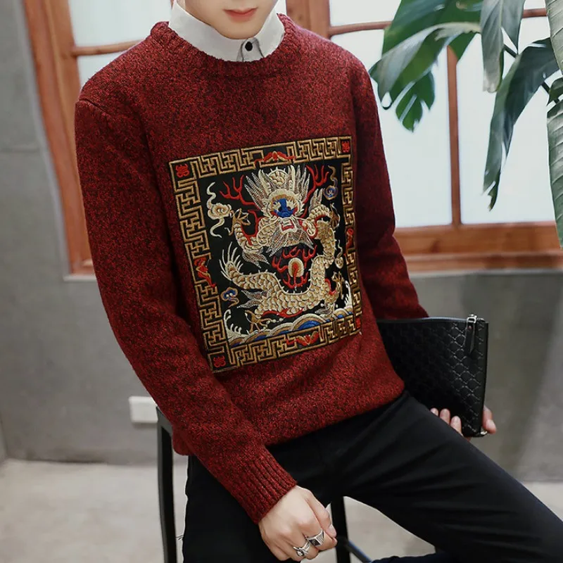 Мужской свитер с вышивкой в китайском стиле круглым вырезом|fashion men sweater|men fashion
