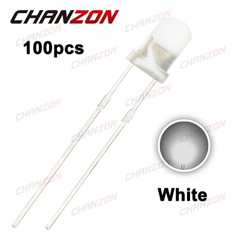 100pcs White 3 мм рассеянный светодиодный светильник, белый, красный, зеленый, синий, желтый, оранжевый, 20 мА, 3 В, 3 мм, набор для самостоятельной сборки - Цвет: 100pcs White