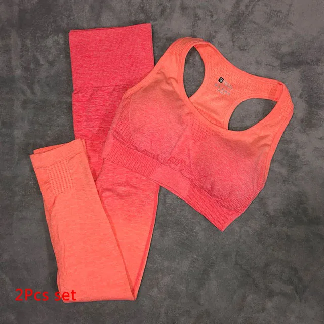 Orange 2Pcs set 2 шт./компл. Йога Комплект спортивная одежда эффектом деграде(переход от темного к спортивный бюстгальтер Бесшовные Леггинсы спортивный костюм Для женщин Фитнес набор для ношения при активном образе жизни - Цвет: Orange 2Pcs set