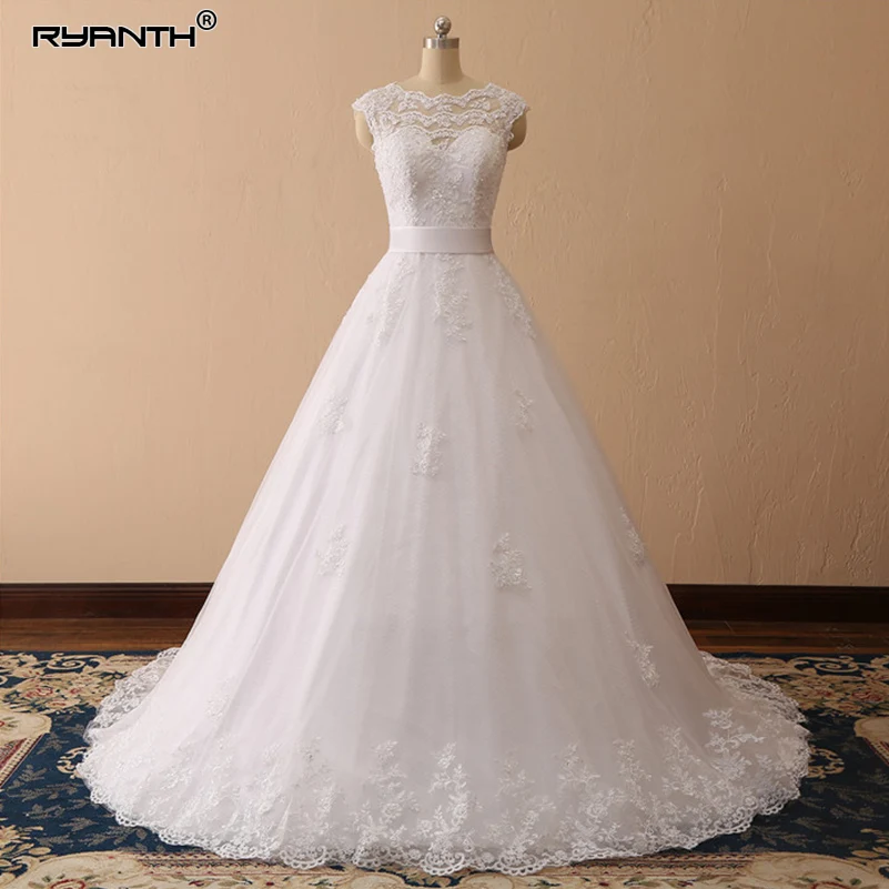 

Ryanth Vestido De Noiva Scoop Ball Gown Wedding Dress Lace Sheer Tulle Bride Dress Sleeveless Robe De Mariage Sashes Real Image