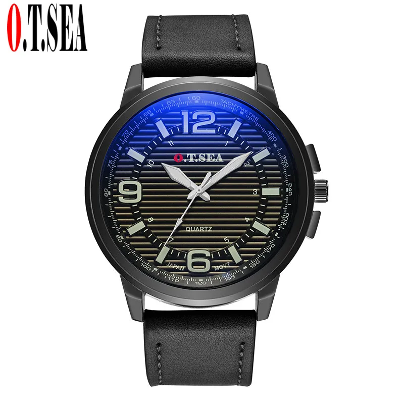 Luxury O.T.SEA Brand Blue Ray Glass Leather Watches Men Fashion Casual Sport Quartz Wristwatches 1213 | Наручные часы