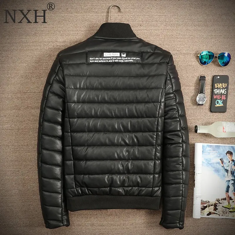 NXH New arrival Men's winter PU Leather Jacket Cotton garmen Warm men Overcoat Male Casual Black coat Brand Quality M-3XL