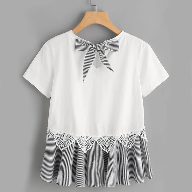 Dotfashion футболка в полоску с бантом и оборкой на подоле г., белый кружевной хлопковый топ, летняя футболка с короткими рукавами и круглым вырезом