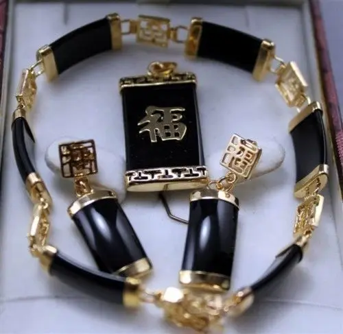 Натуральный черный нефритовый браслет серьги кулон/ожерелье набор|necklace set|bracelet