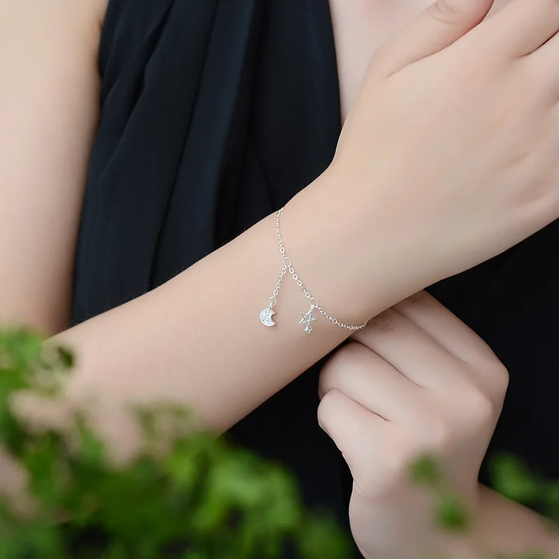 925 Sterling Silver Link Chian Anklet Star Moon Charm Bracelets &ampBangle For Women Jewelry Accessories Bijoux Gifts A167 | Украшения и