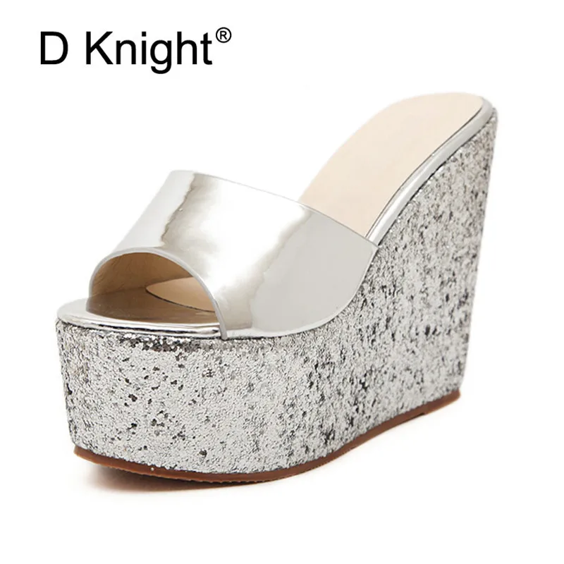 

Summer Extra High Heels Sandals Women Bling Sequins Platform Sandalias Women Patent Leather Thick Bottom Ladies Slippers Slides