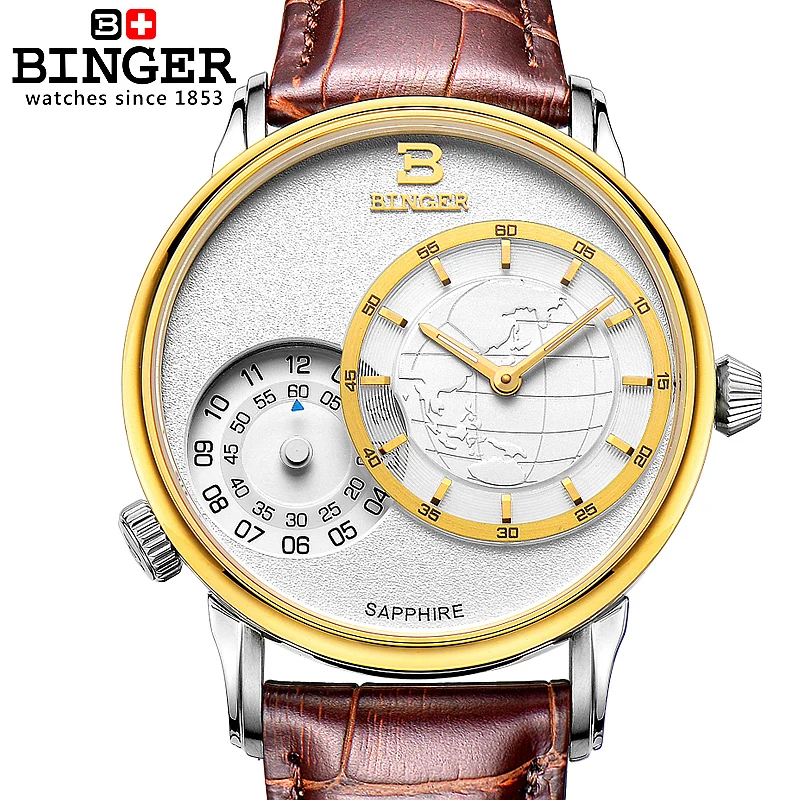 New Luxury brand men's watch Double dial quartz gold sapphire leather strap clock 1 year Guarantee BG0389