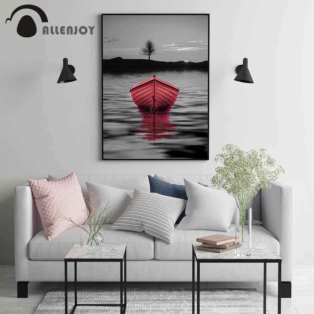 Allenjoy черно-белые фотографии розовые лодки озеро горы небо холст картины