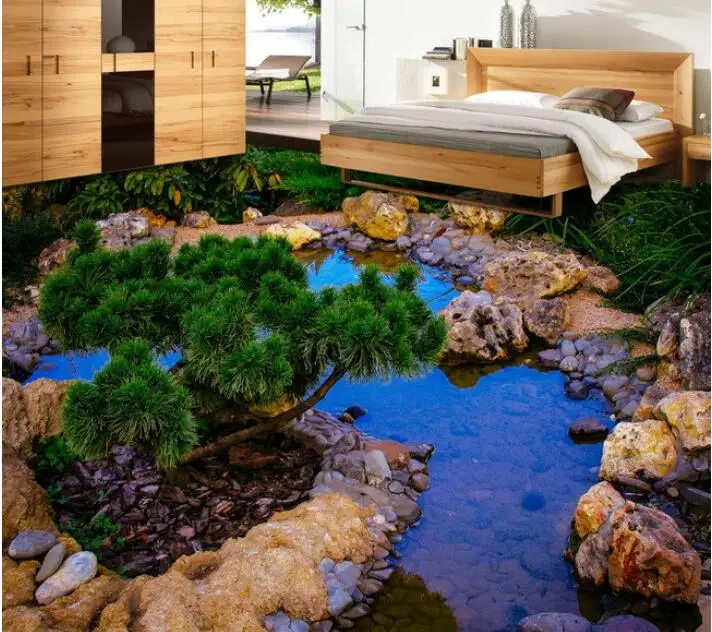 

3 d flooring custom waterproof self adhesion 3d rockery pool plant flowers 3d bathroom flooring photo wallpaper for walls 3d