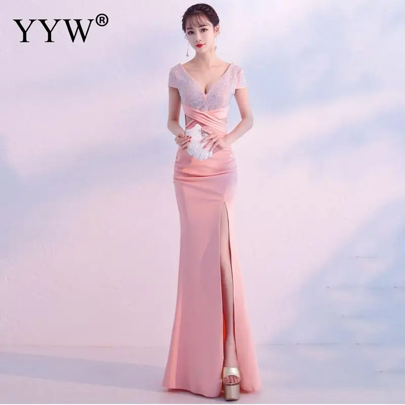 pink Robe De Soiree сексуальное платье с глубоким v-образным вырезом, расшитое блестками, женское элегантное вечернее платье с открытой спиной, вечерние платья с разрезом сбоку, Длинные вечерние платья знаменитостей - Цвет: pink