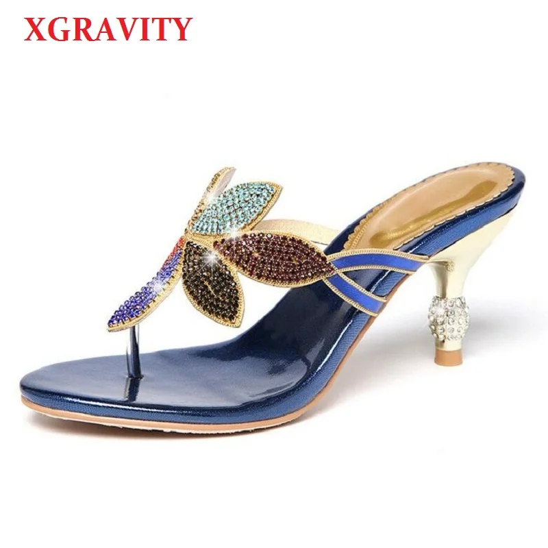XGRAVITY летние сандалии женские туфли на тонком каблуке пикантные Стразы с