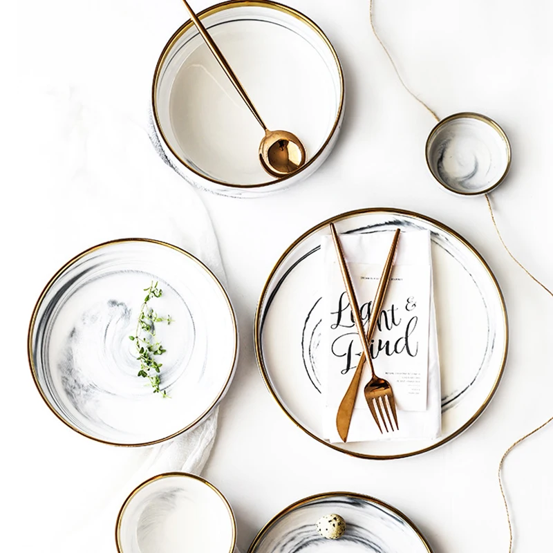 Керамические обеденные блюда с золотыми краями Мраморная креативная плоская