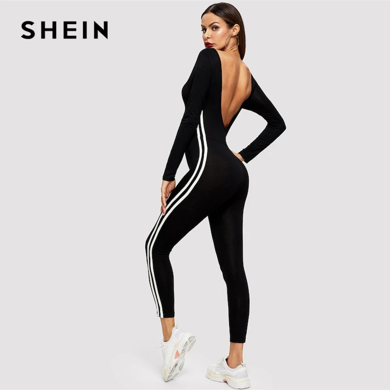 SHEIN Комбинезон В Полоску С Открытой Спиной Женский Черный Спортивный Комбинезон С Длинными Рукавами И Круглым Вырезом