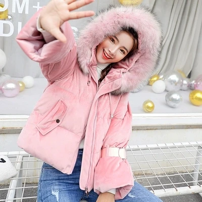 Gold Velvet Coat 5 Colors Female Short 2018 Winter New Fashion With Collar Hat Soft Beige Pink Korean Style Hot Sale | Женская одежда