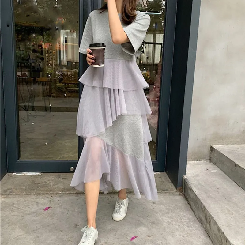 Женское свободное платье футболка с коротким рукавом однотонное Сетчатое