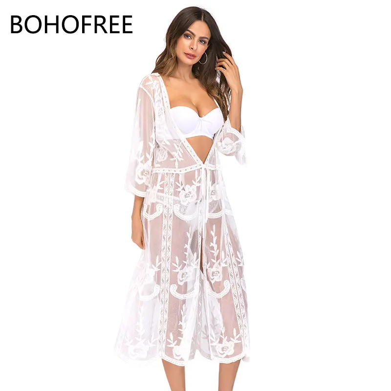 BOHOFREE сексуальные женские летние пляжные кимоно белые цветочные кружевные