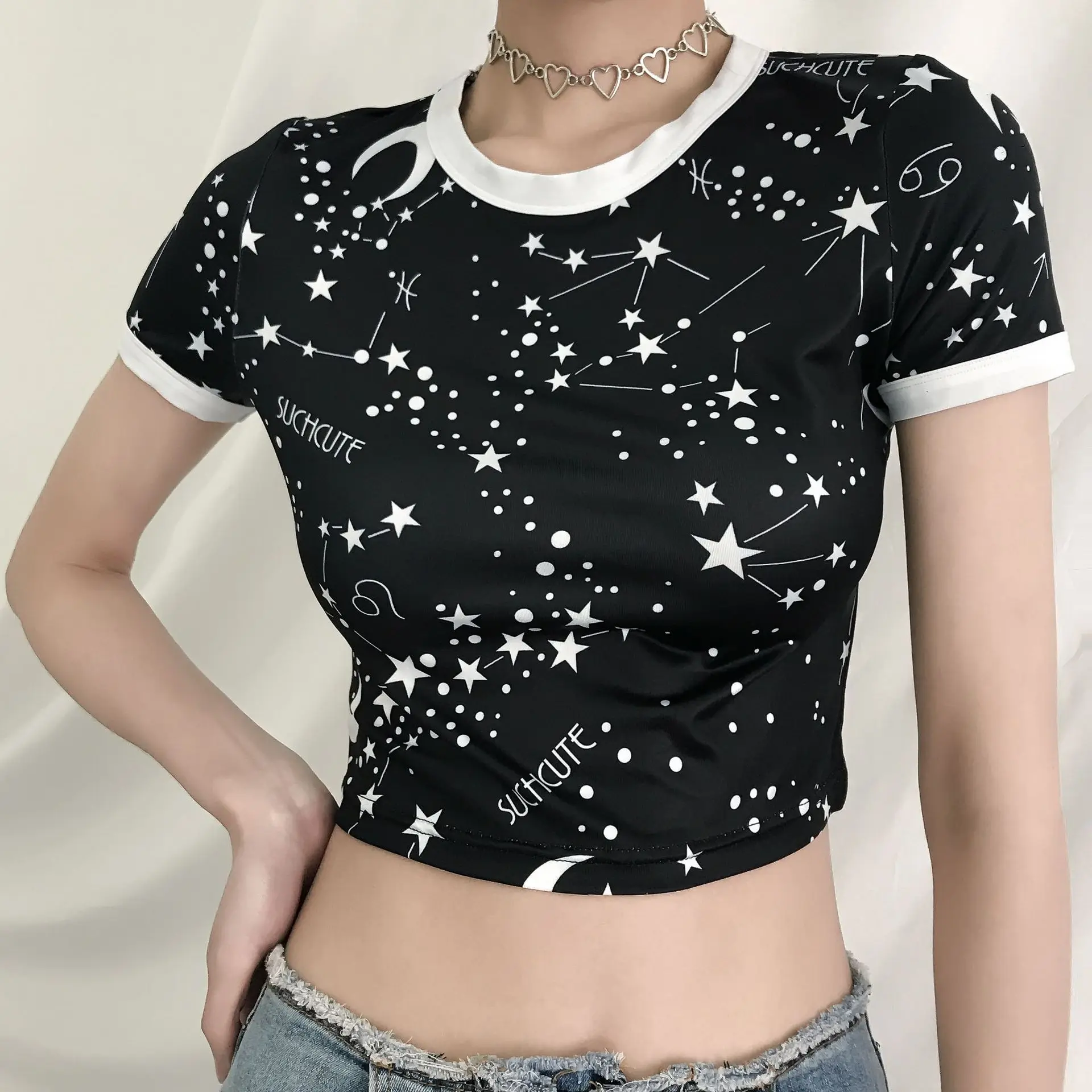 Women Summer Casual T Shirt Black Short Sleeve Crop Top Constellation Letter Print 2019 T-shirts Tee Femme Slim | Женская одежда