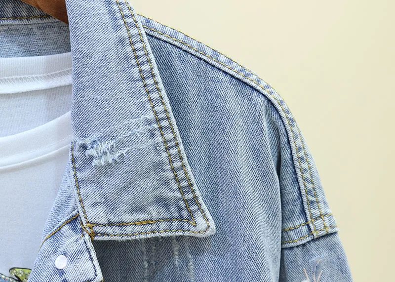 Neploe Spring Women Fashion Denim Jacket Embroidery Beading Flowers Short Jackets Coat Woman Long Sleeve Jean Jacket 90199